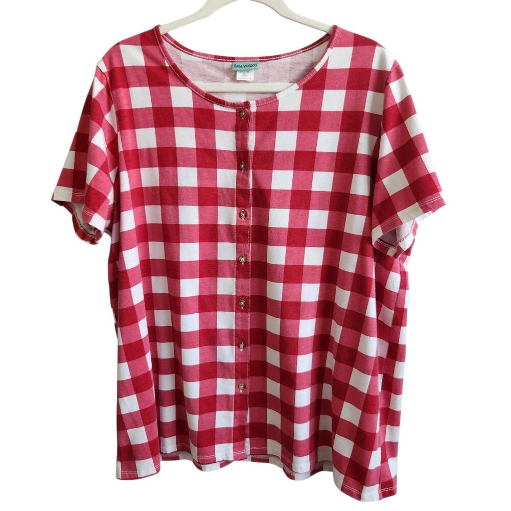 Sara Morgan XL Red Gingham Festive Retro Button Knit Tee Americana July 4th BBQ
